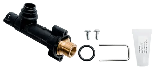 Hydraulikblock von Wolf mit Anschlüssen, Schrauben, Dichtungen und Montagezubehör, geeignet für Speicherrücklauf ohne Drucksensor.